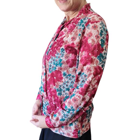 VNTG 80s Bright Floral Silky Tapestry Blouse M Nehru Collar Romantic Coquette - Picture 4 of 8